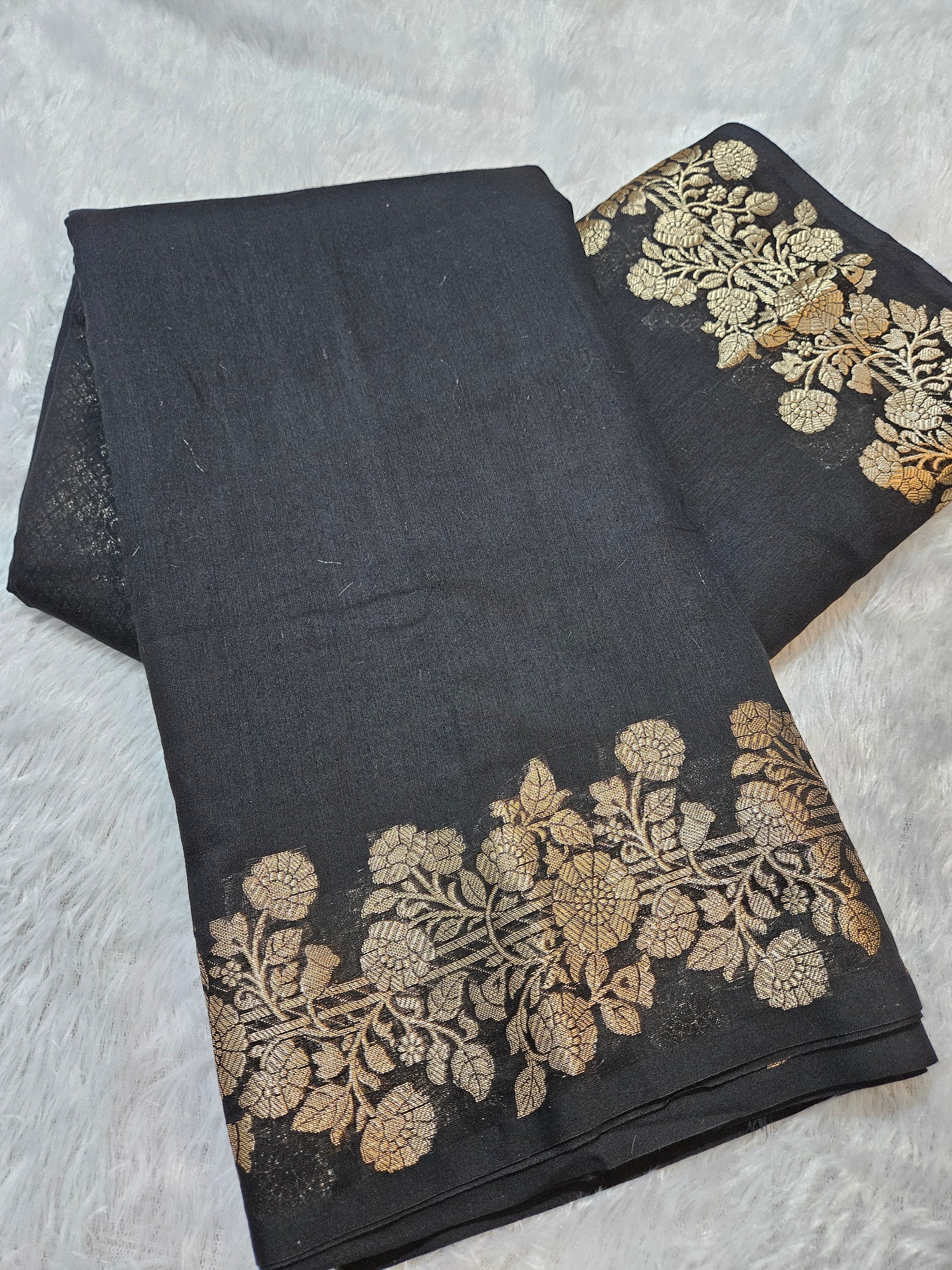 Black Banarasi Cotton Zari Border Plain Saree