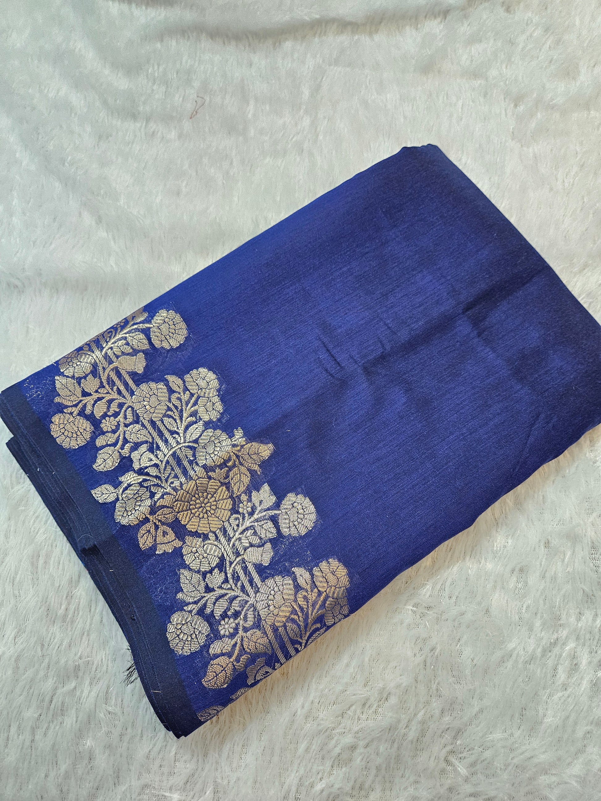 Blue Banarasi Cotton Zari Border Plain Saree