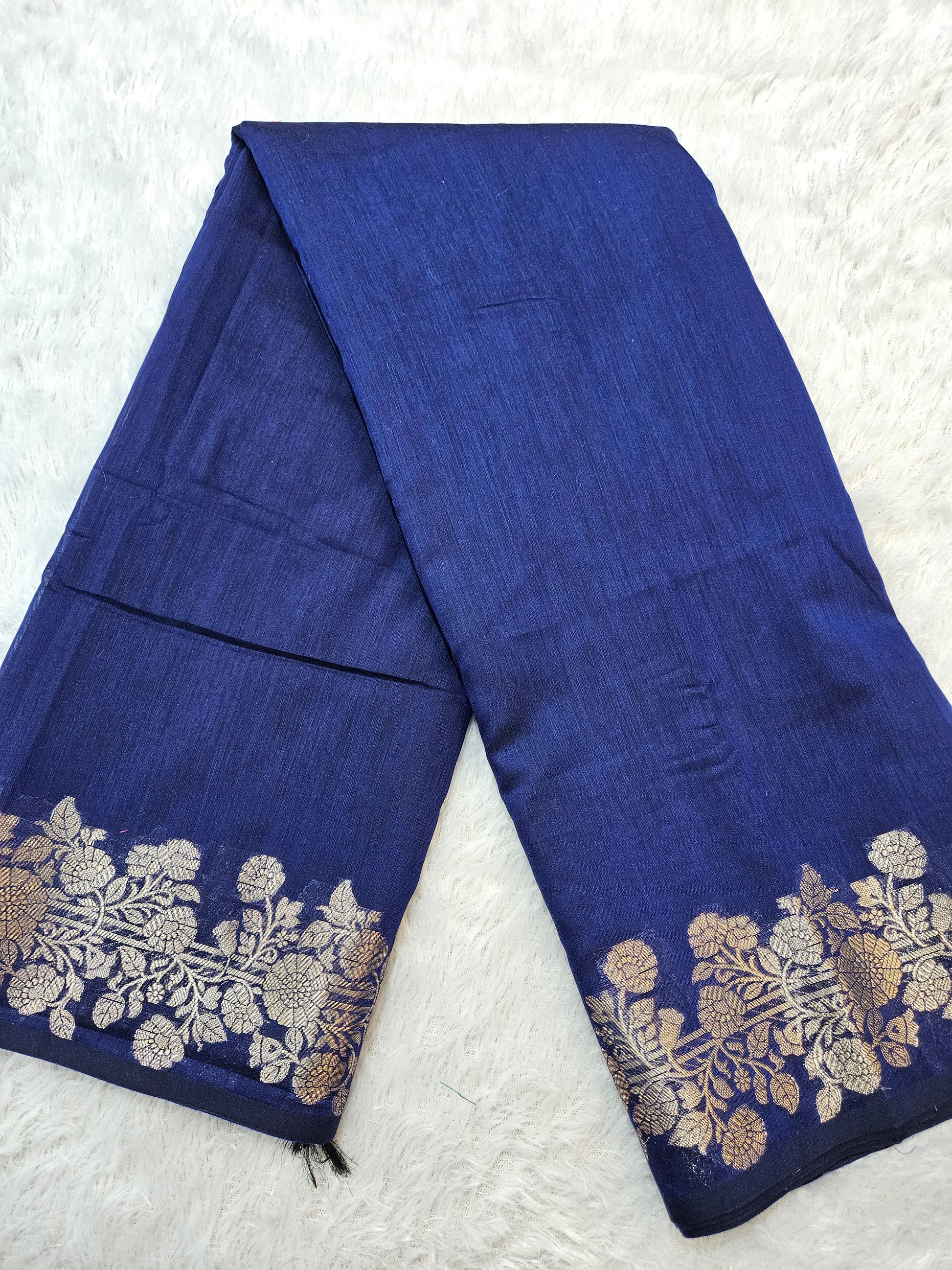 Blue Banarasi Cotton Zari Border Plain Saree