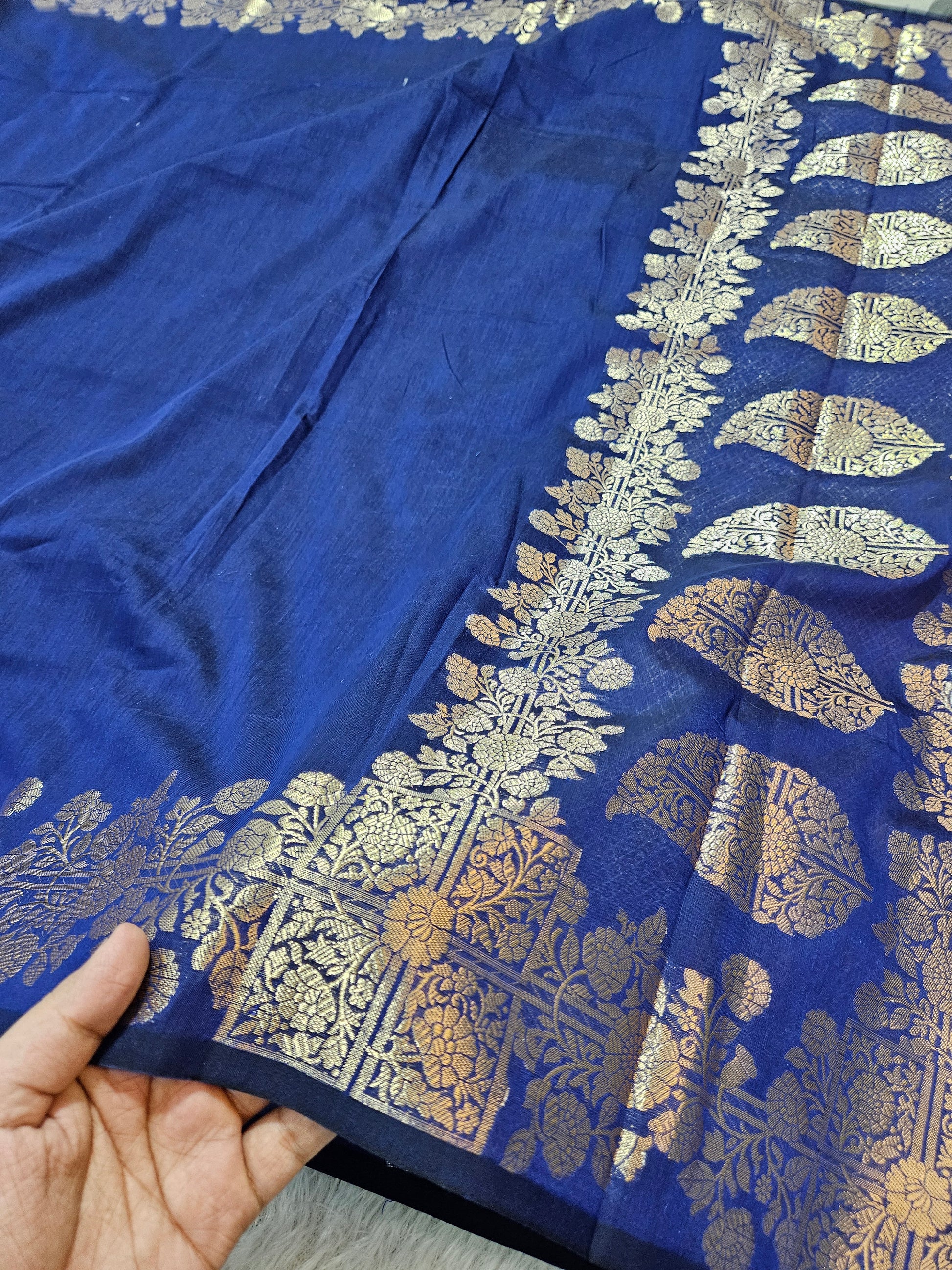 Blue Banarasi Cotton Zari Border Plain Saree
