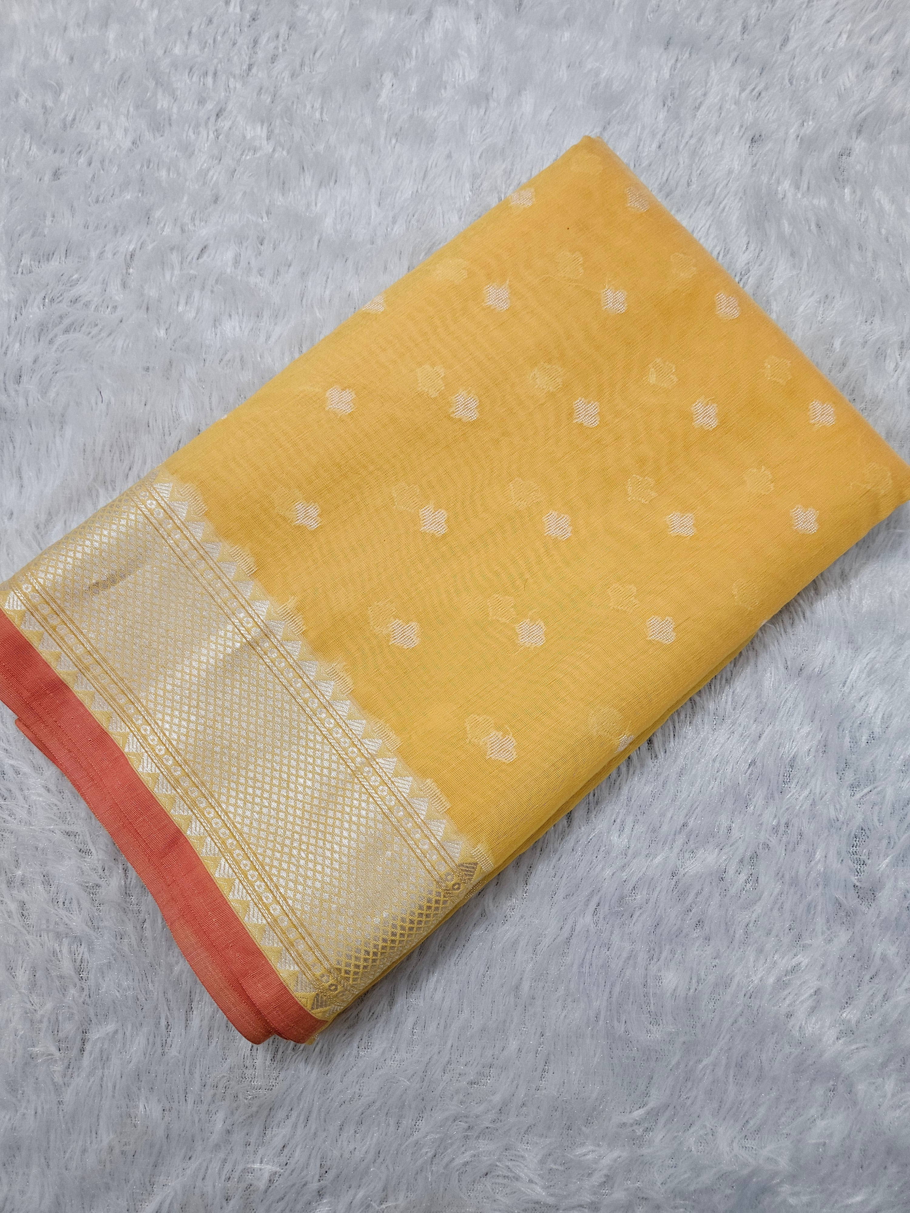 Banarasi Yellow Cotton Resham Border Booti Saree