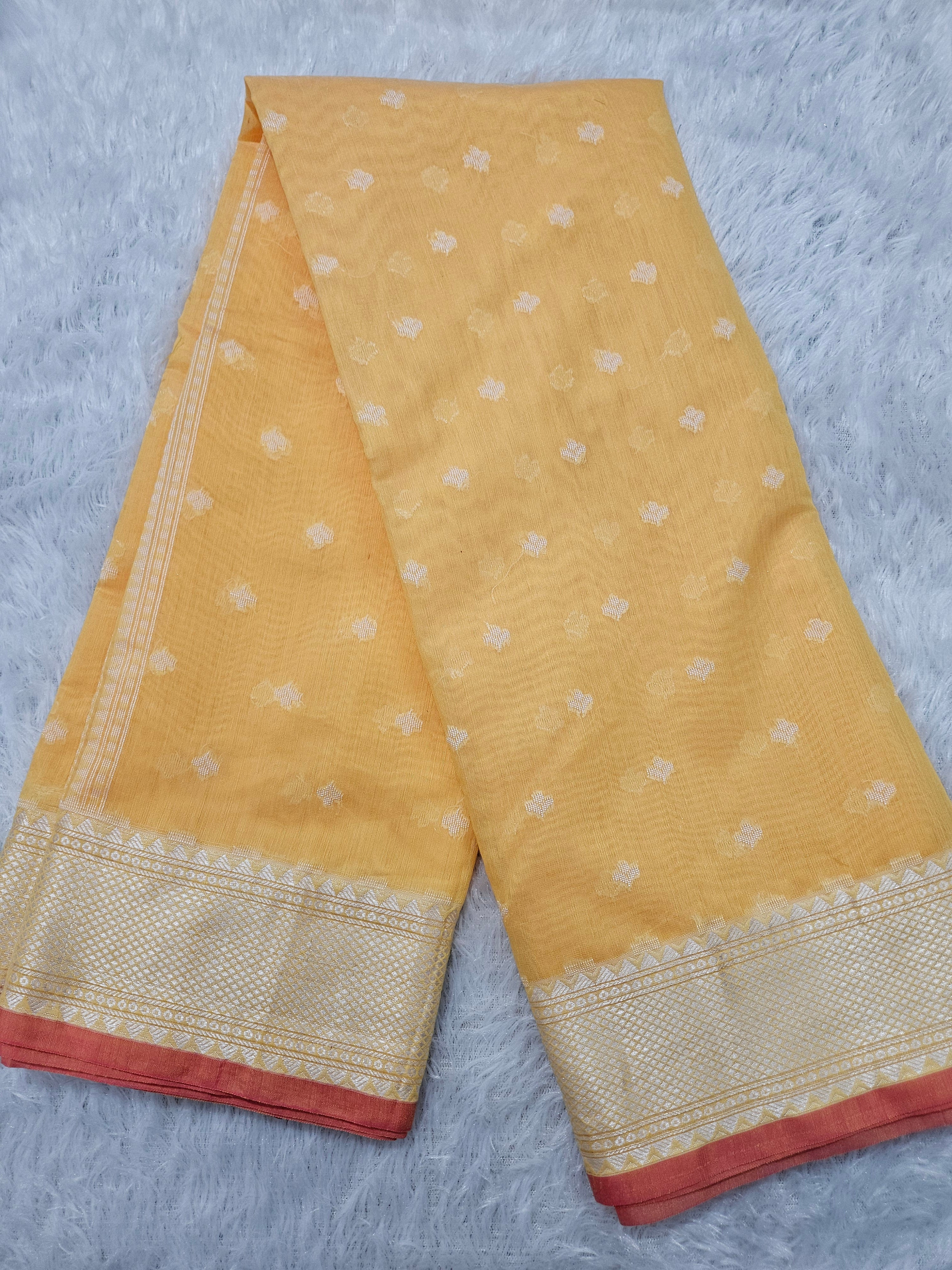 Banarasi Yellow Cotton Resham Border Booti Saree