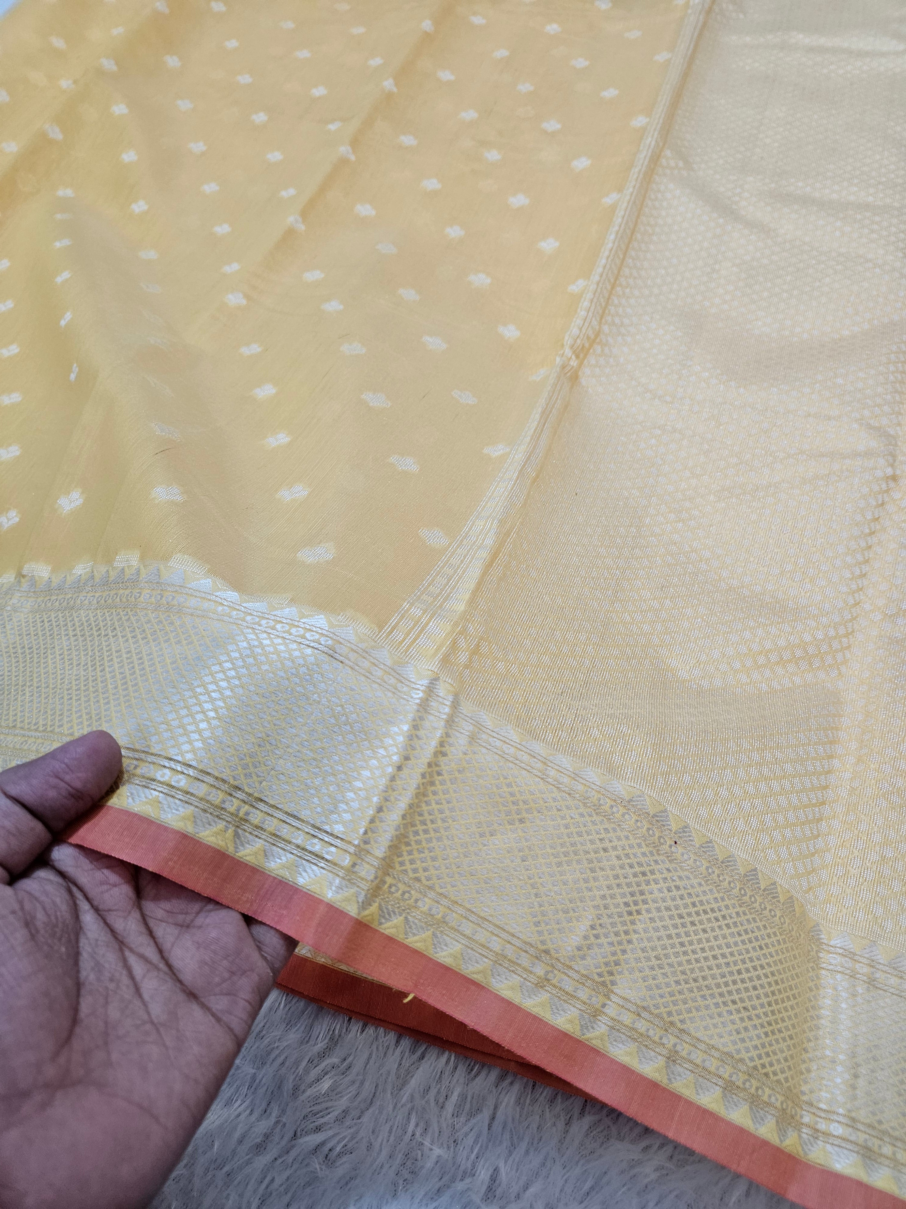 Banarasi Yellow Cotton Resham Border Booti Saree