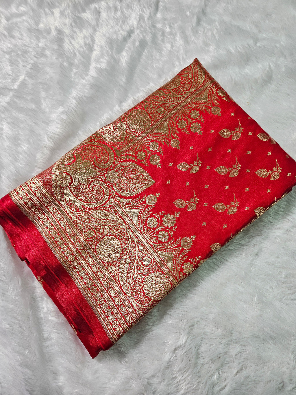 Red Banarasi Satin Silk Zari Border Buti Saree
