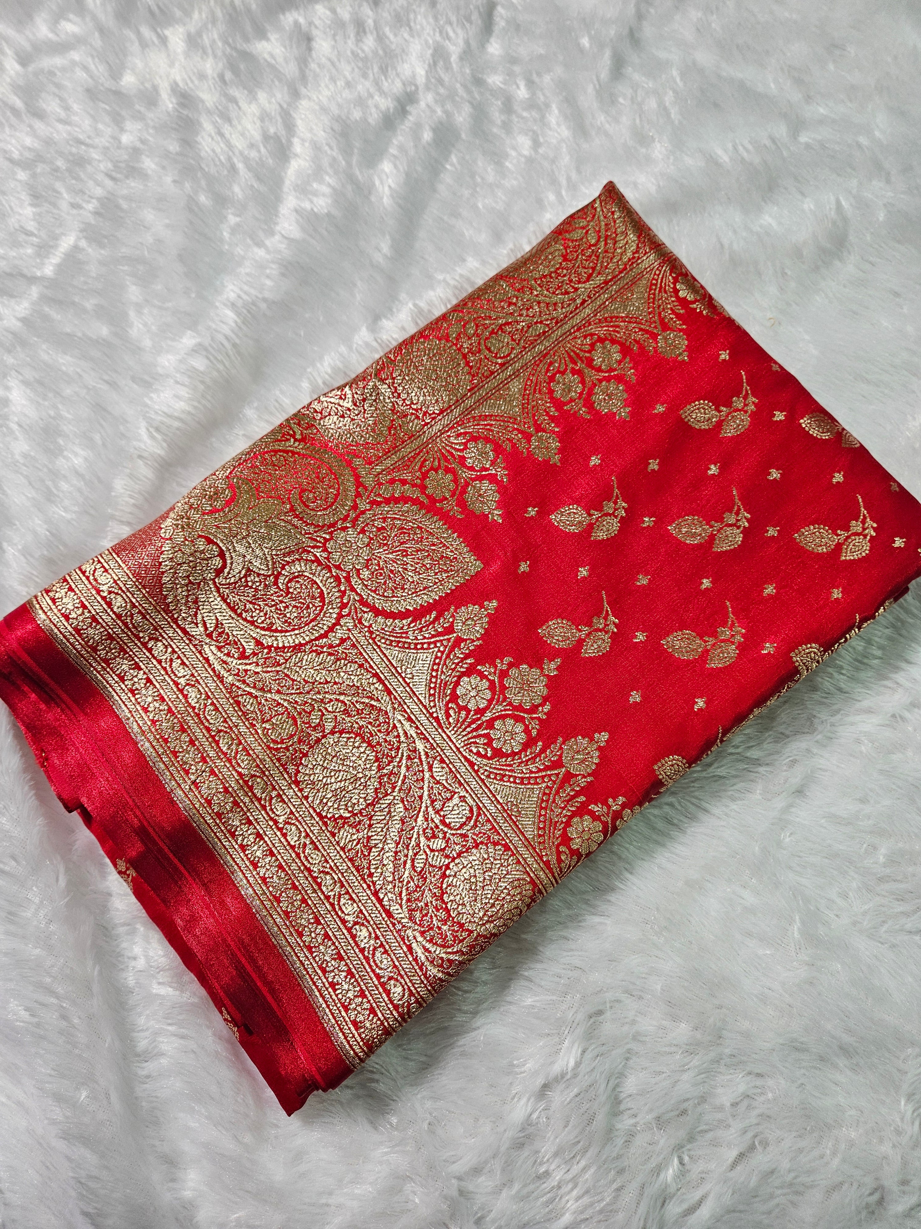 Red Banarasi Satin Silk Zari Border Buti Saree