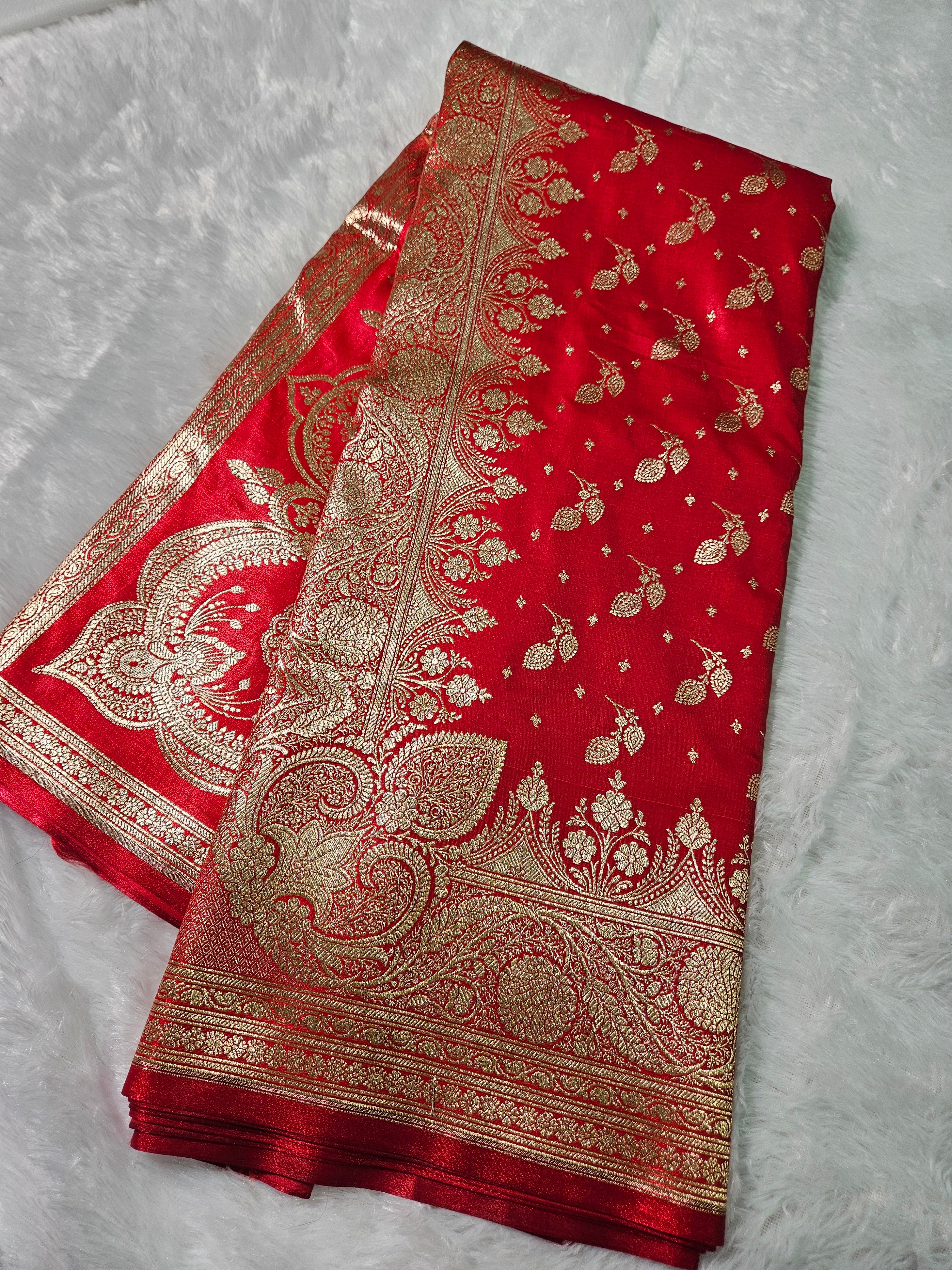 Red Banarasi Satin Silk Zari Border Buti Saree