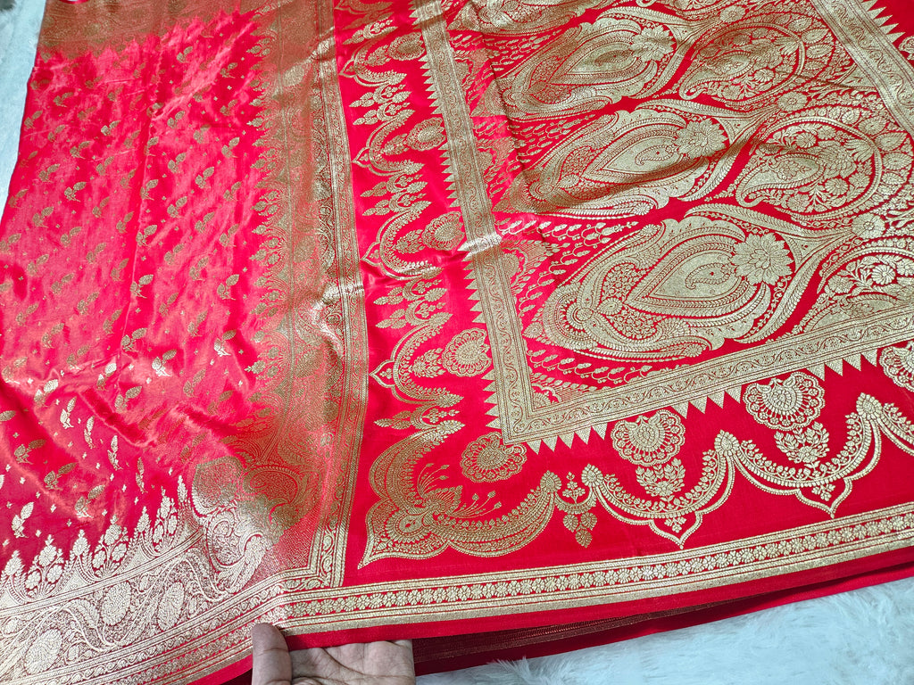 Red Banarasi Satin Silk Zari Border Buti Saree