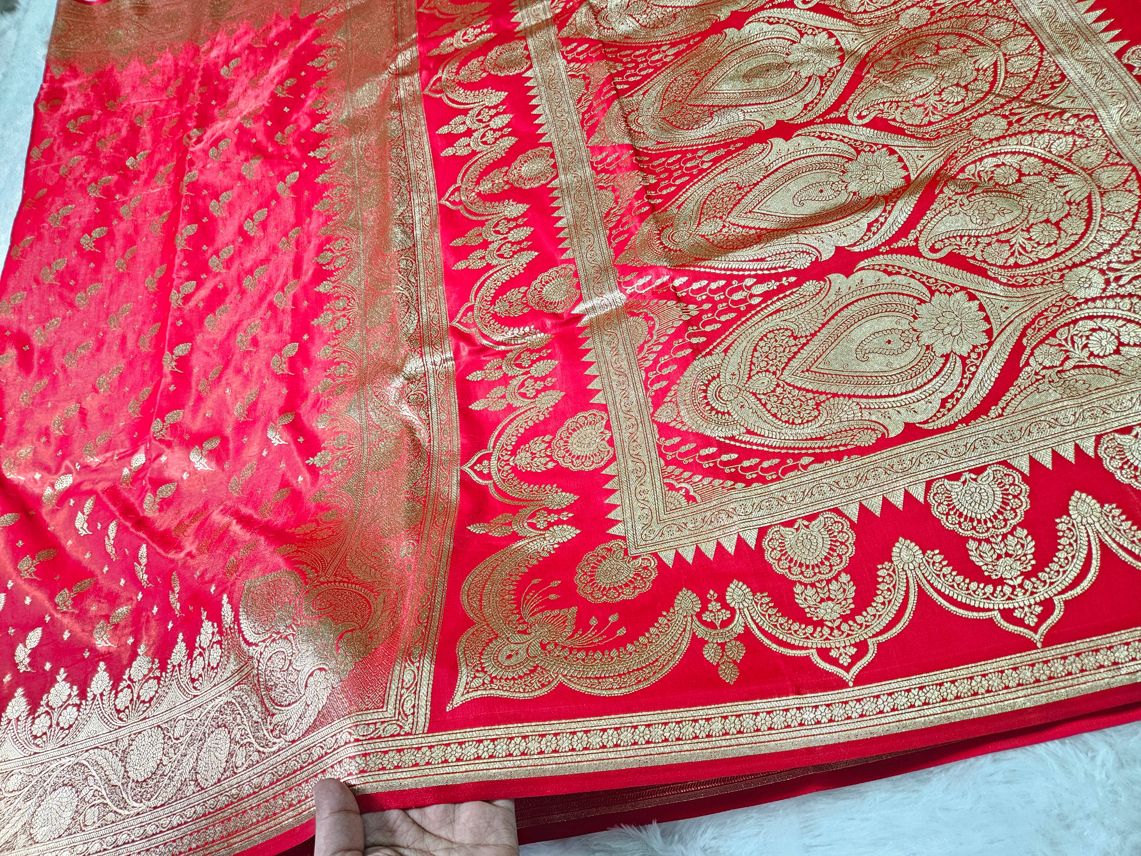 Red Banarasi Satin Silk Zari Border Buti Saree