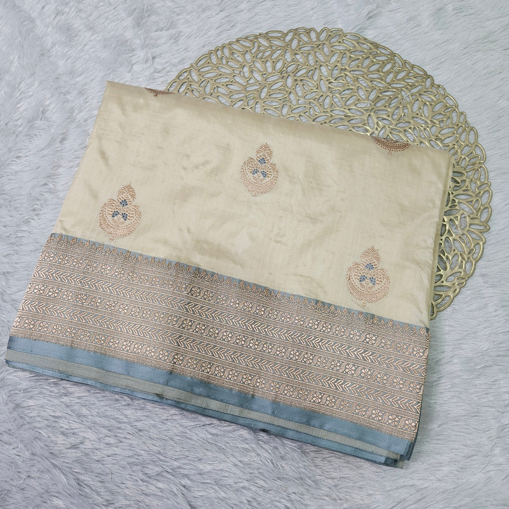 Pure Katan Silk Kadhiyal Mina Boota Zari Border Stripe Design Blouse Saree