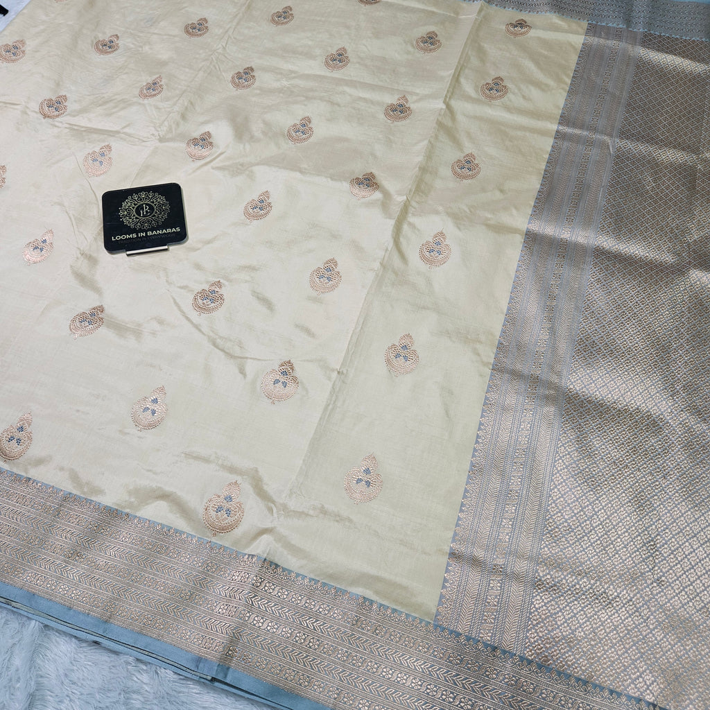 Pure Katan Silk Kadhiyal Mina Boota Zari Border Stripe Design Blouse Saree