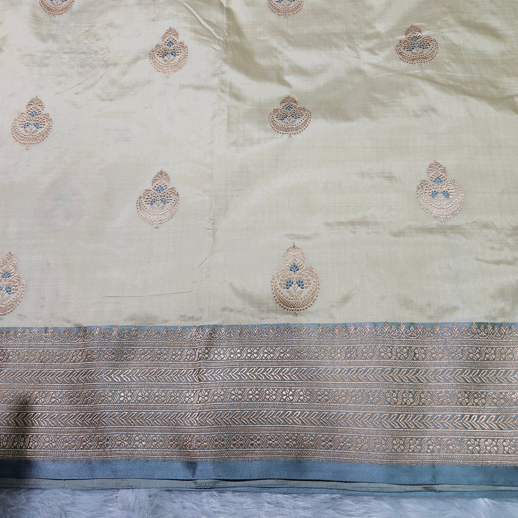 Pure Katan Silk Kadhiyal Mina Boota Zari Border Stripe Design Blouse Saree