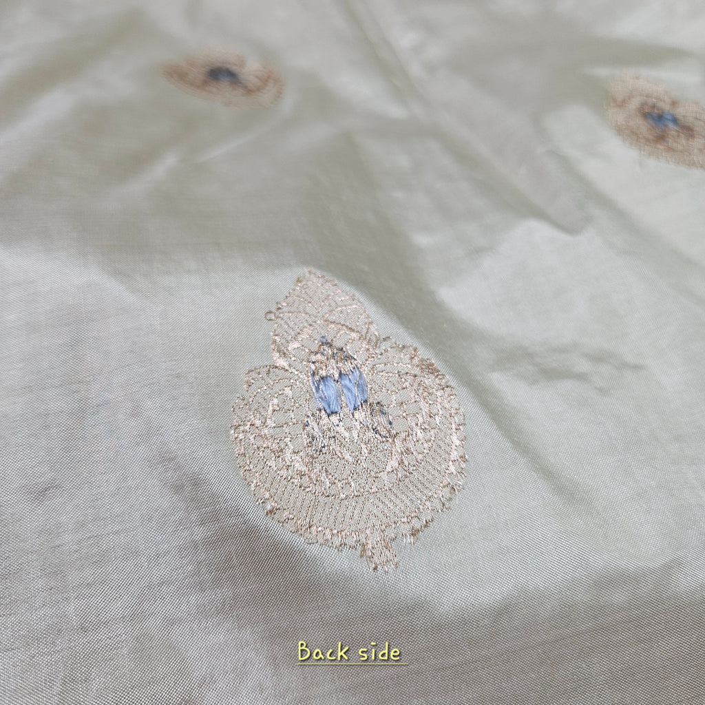 Pure Katan Silk Kadhiyal Mina Boota Zari Border Stripe Design Blouse Saree