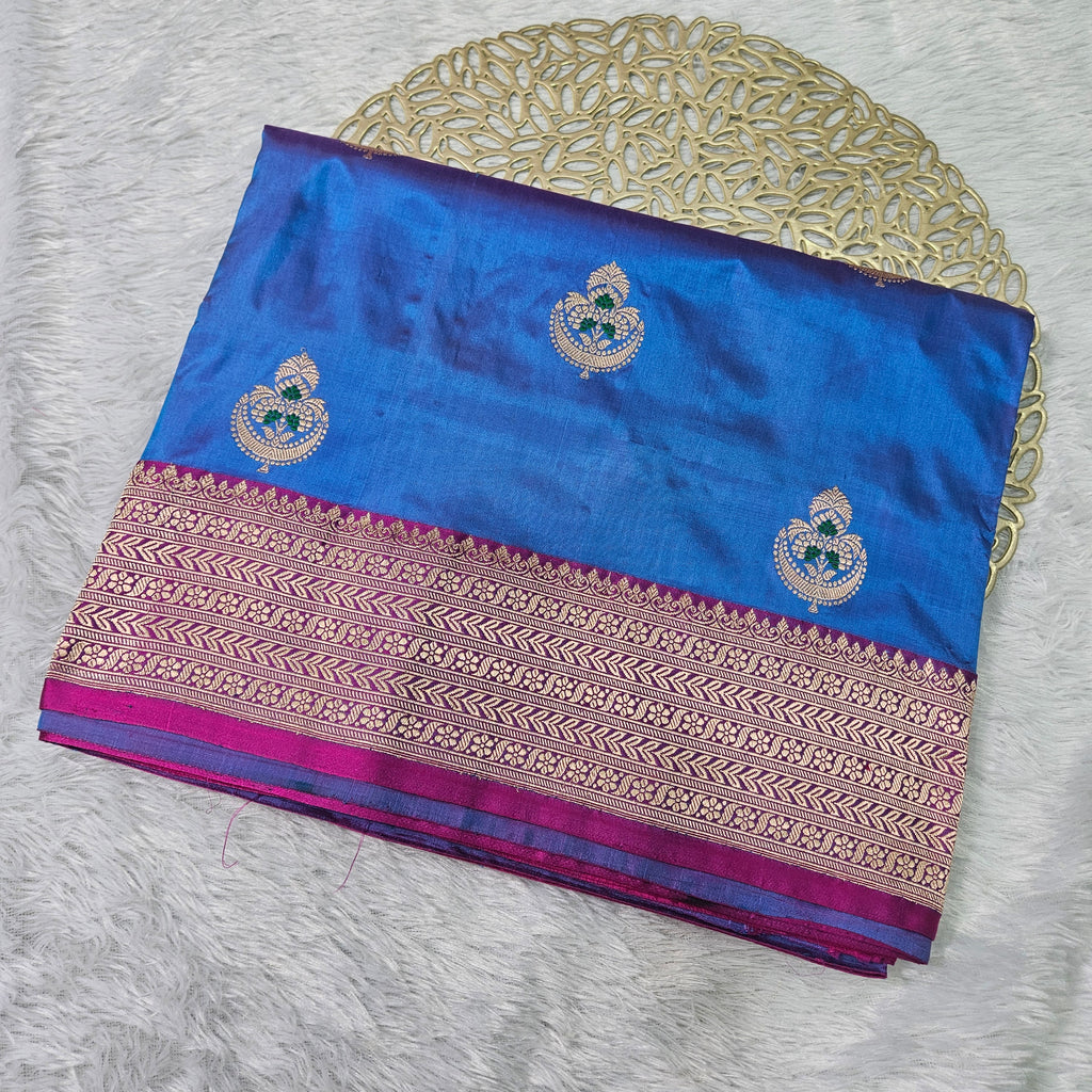 Pure Katan Silk Kadhiyal Mina Boota Zari Border Stripe Design Blouse Saree