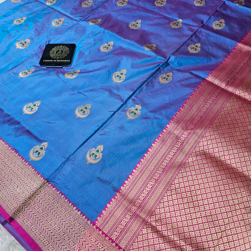 Pure Katan Silk Kadhiyal Mina Boota Zari Border Stripe Design Blouse Saree