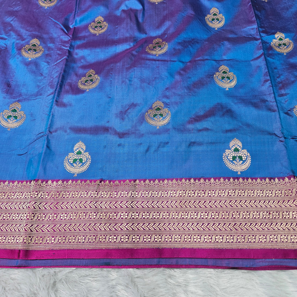 Pure Katan Silk Kadhiyal Mina Boota Zari Border Stripe Design Blouse Saree