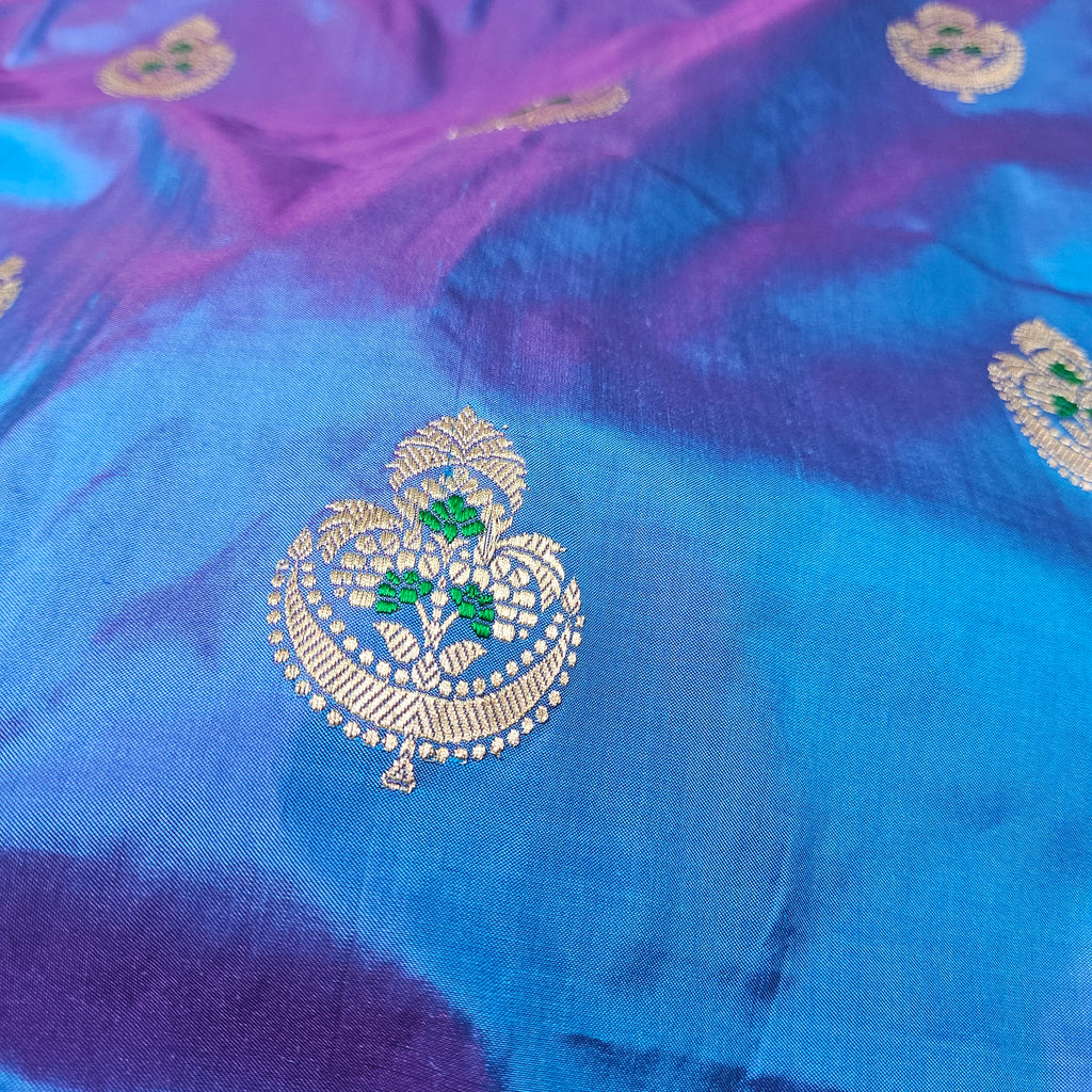 Pure Katan Silk Kadhiyal Mina Boota Zari Border Stripe Design Blouse Saree