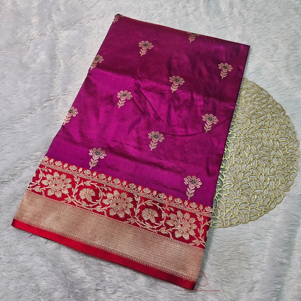 Pure Katan Silk Kadhiyal Mina Boota Zari Border Stripe Design Blouse Saree