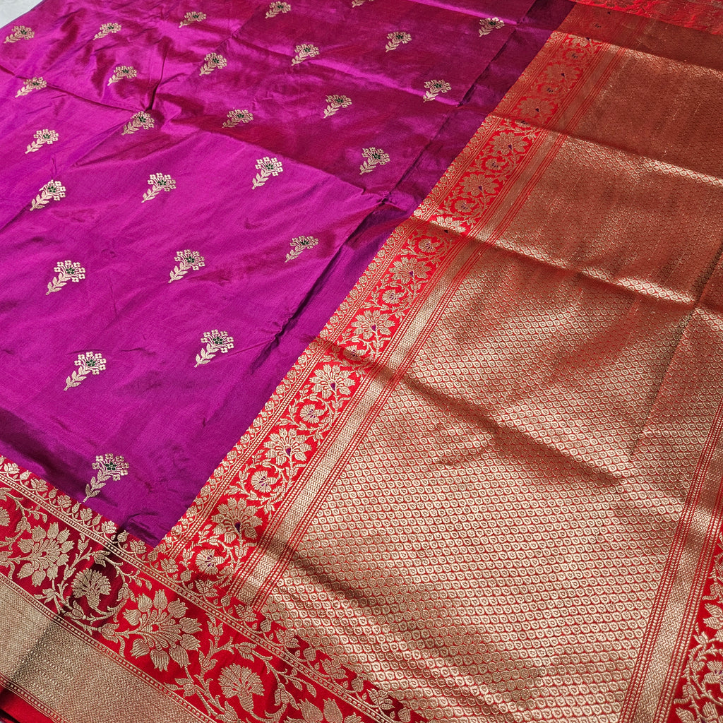 Pure Katan Silk Kadhiyal Mina Boota Zari Border Stripe Design Blouse Saree