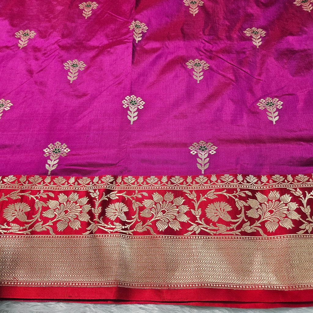 Pure Katan Silk Kadhiyal Mina Boota Zari Border Stripe Design Blouse Saree