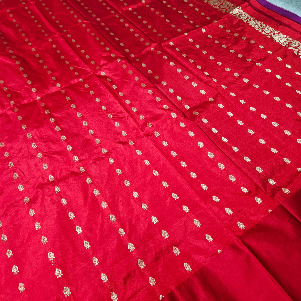 Pure Katan Silk Kadhiyal Mina Boota Zari Border Stripe Design Blouse Saree