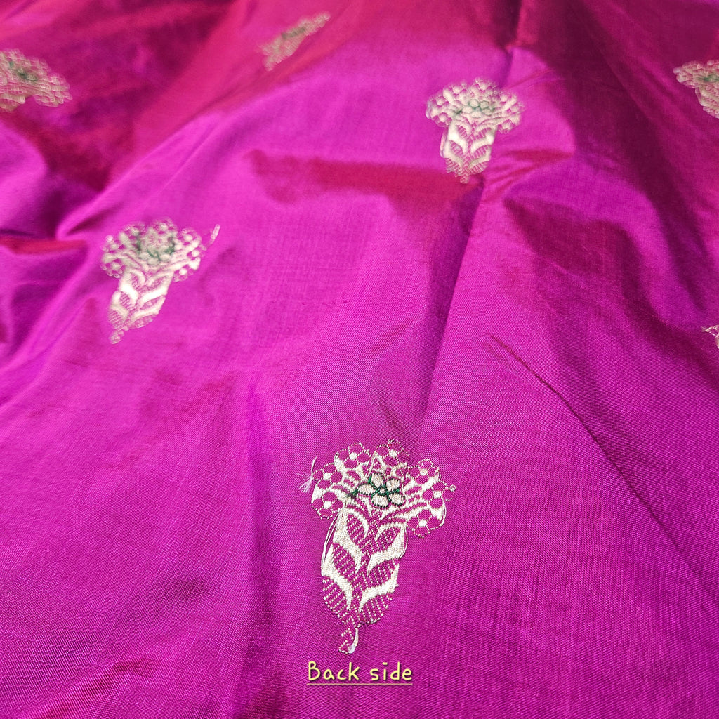 Pure Katan Silk Kadhiyal Mina Boota Zari Border Stripe Design Blouse Saree