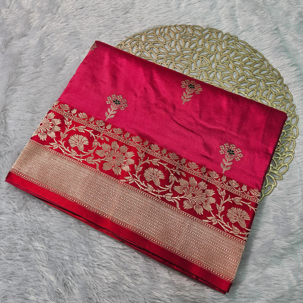 Pure Katan Silk Kadhiyal Mina Boota Zari Border Stripe Design Blouse Saree