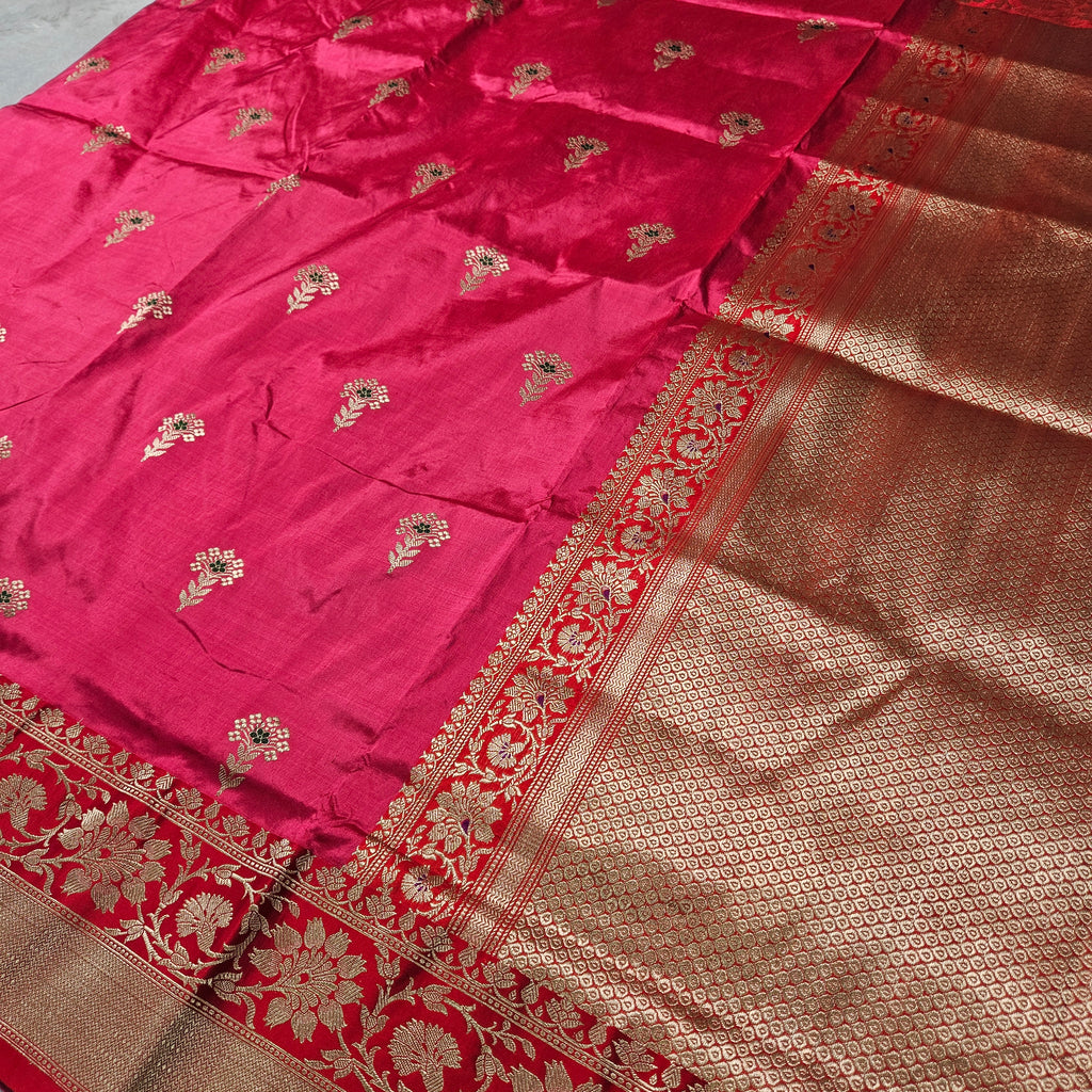 Pure Katan Silk Kadhiyal Mina Boota Zari Border Stripe Design Blouse Saree