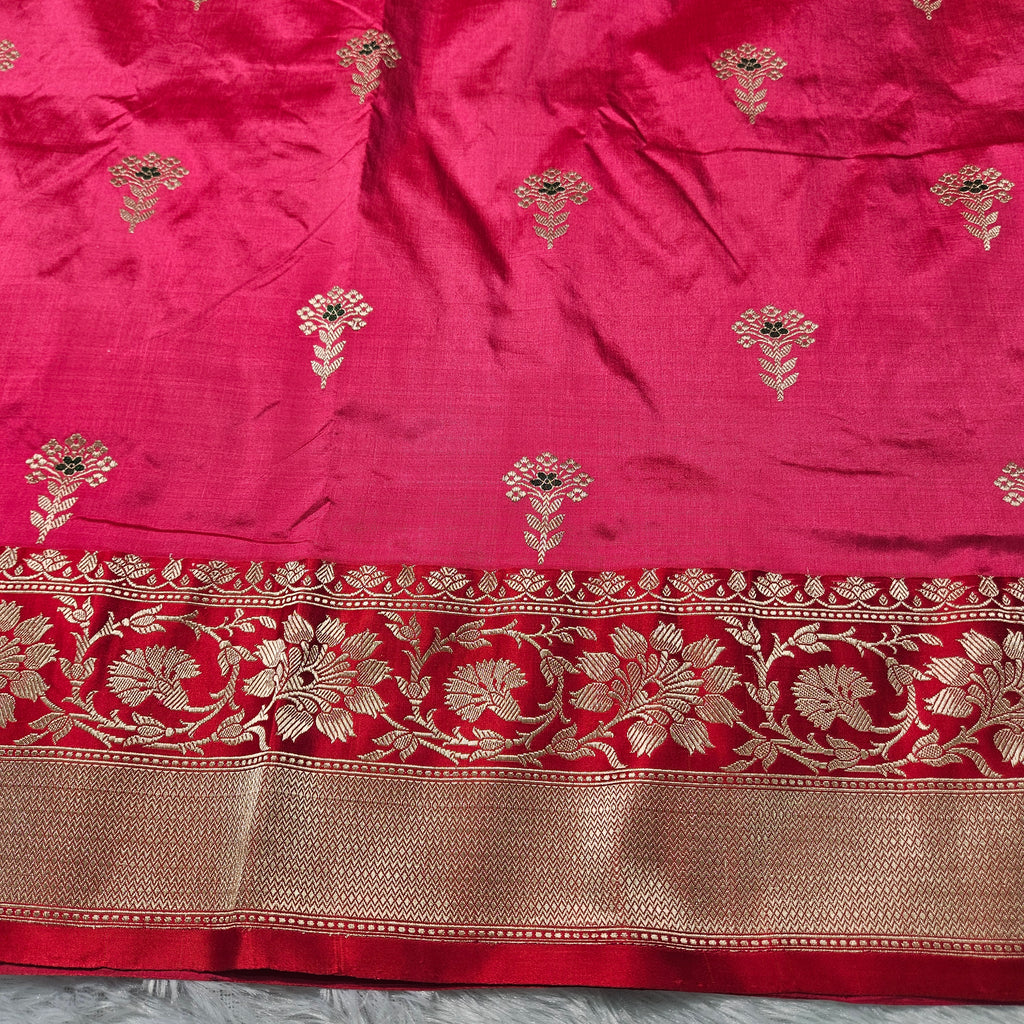 Pure Katan Silk Kadhiyal Mina Boota Zari Border Stripe Design Blouse Saree