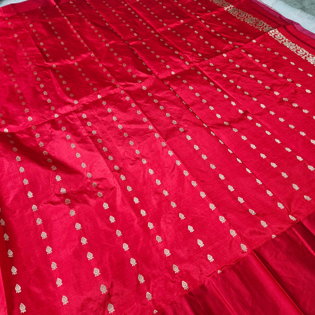 Pure Katan Silk Kadhiyal Mina Boota Zari Border Stripe Design Blouse Saree
