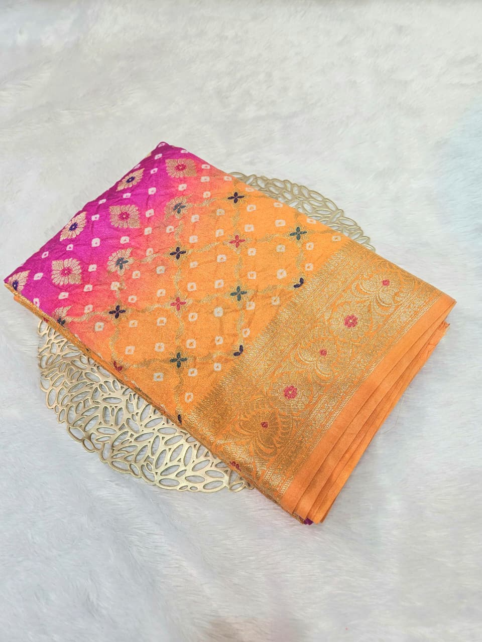 Gold and Rani Contrast Banarasi Bandhani Silk Saree