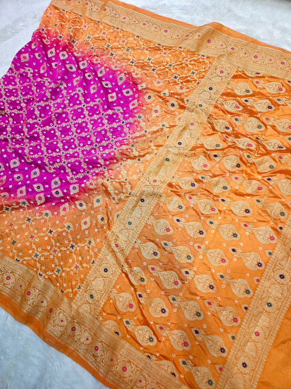 Gold and Rani Contrast Banarasi Bandhani Silk Saree