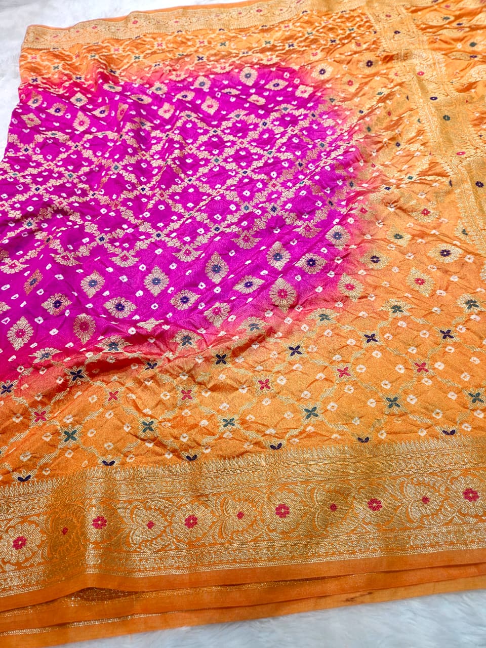 Gold and Rani Contrast Banarasi Bandhani Silk Saree
