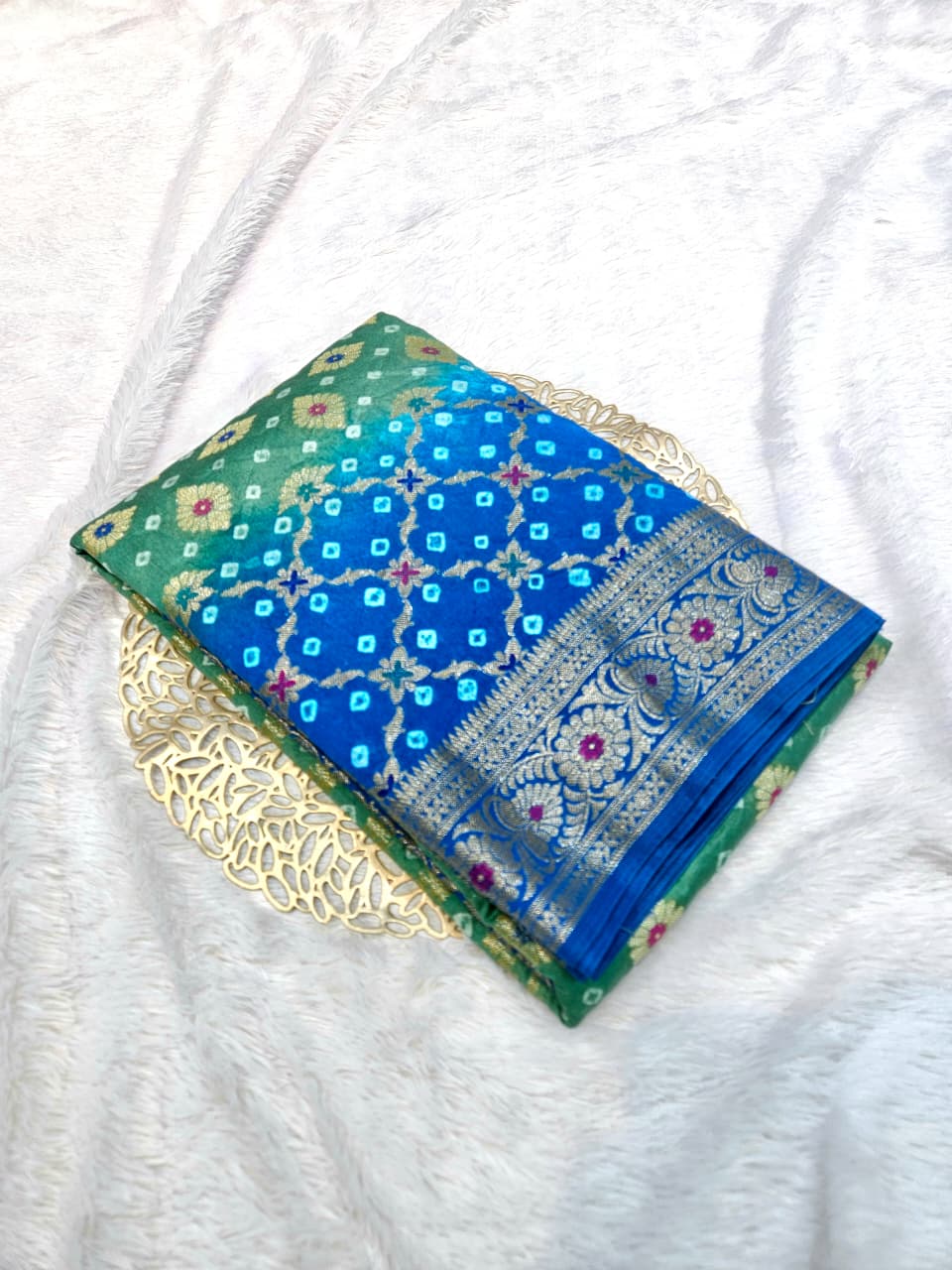 Blue and Green Contrast Banarasi Bandhani Silk Saree