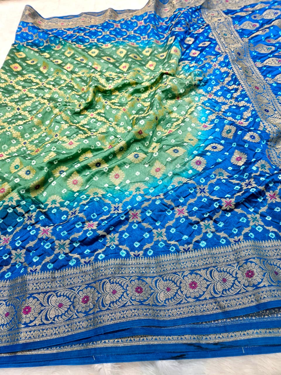 Blue and Green Contrast Banarasi Bandhani Silk Saree