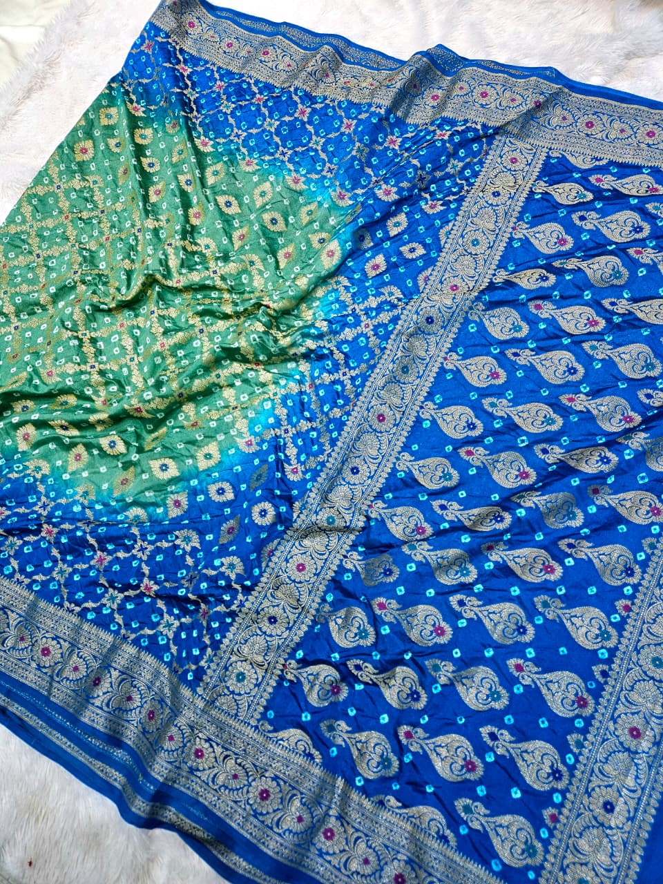 Blue and Green Contrast Banarasi Bandhani Silk Saree