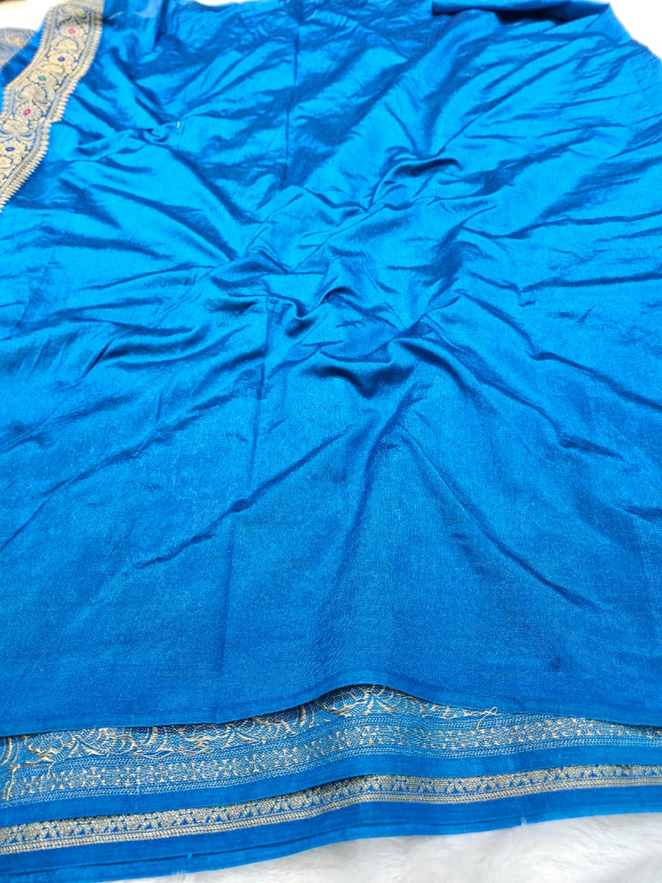 Blue and Green Contrast Banarasi Bandhani Silk Saree