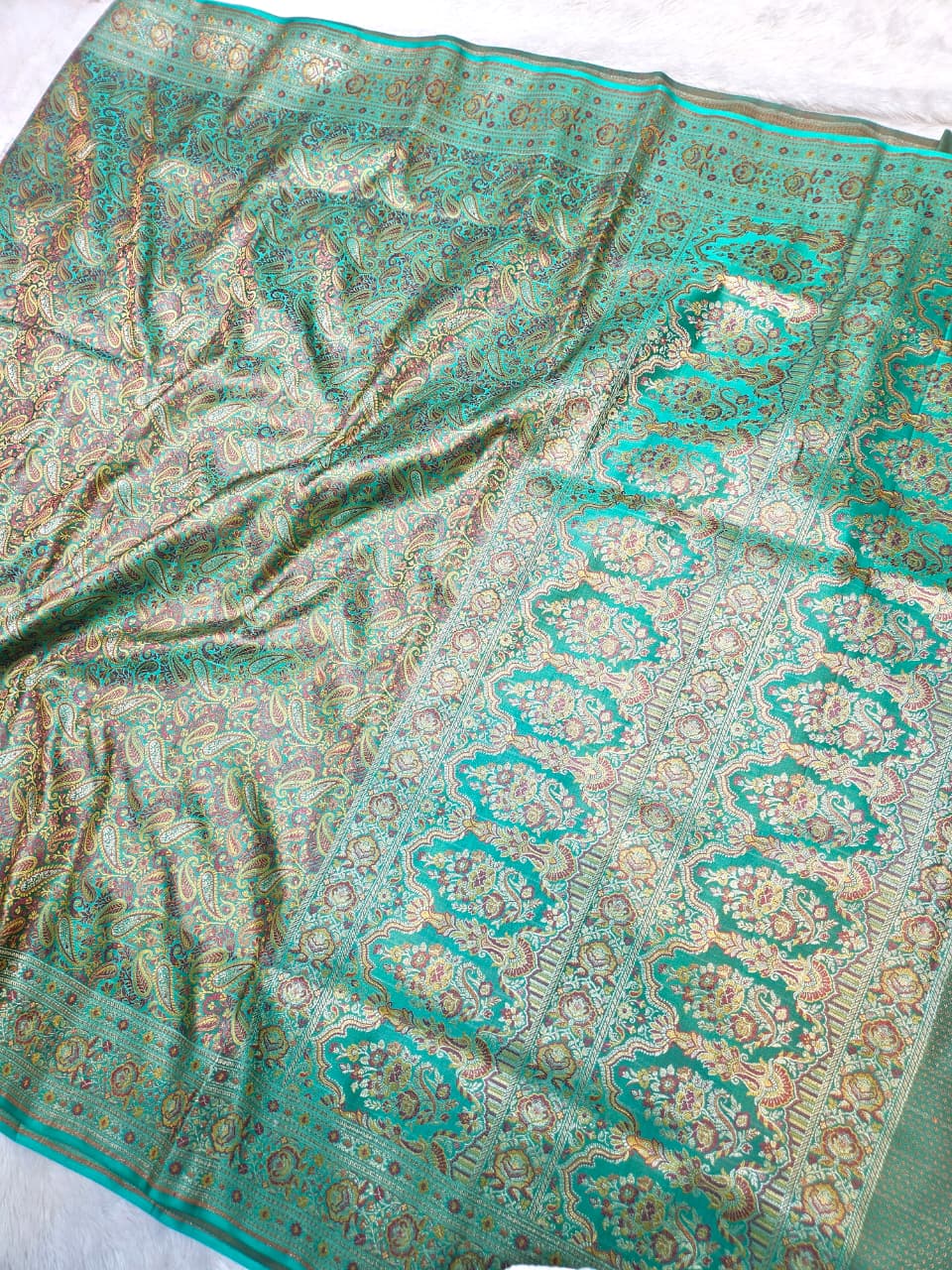 Sea Green Banarasi Jamewar Mashru Katan Silk Saree