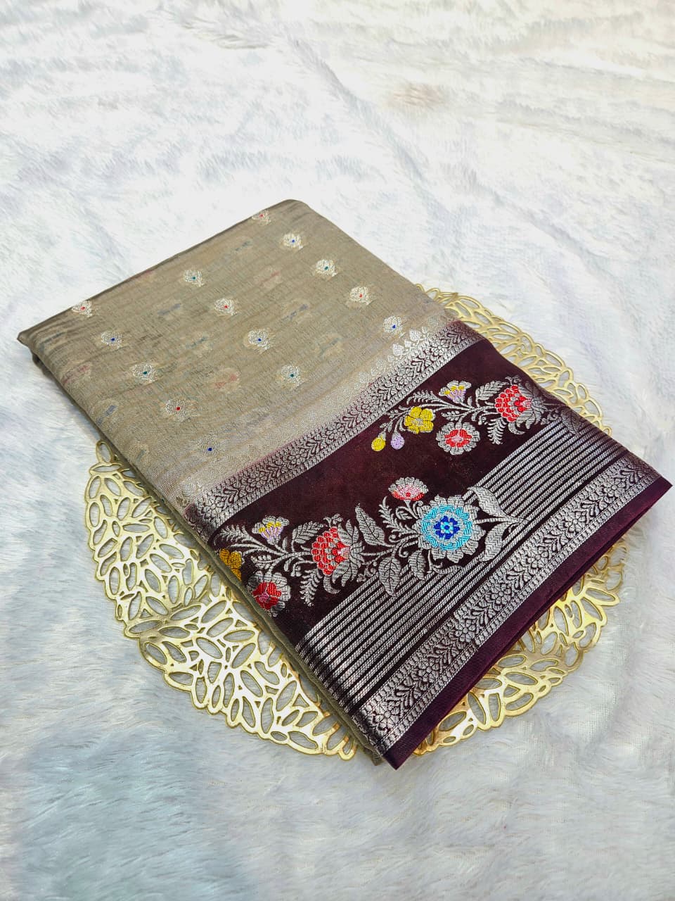 Mango Silk Saree with Stripe Texture Fabric