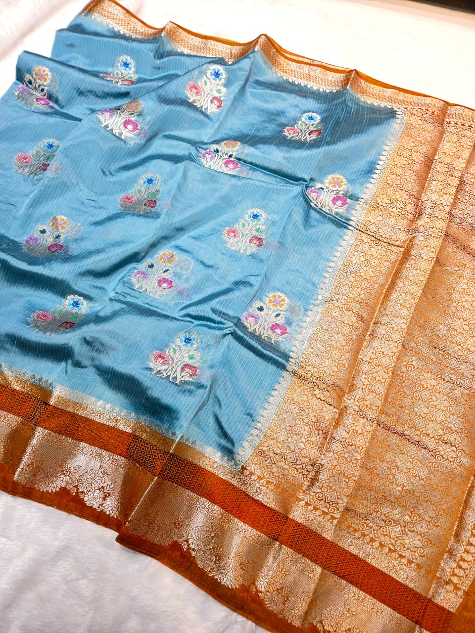Mango Silk Saree with Stripe Texture Fabric