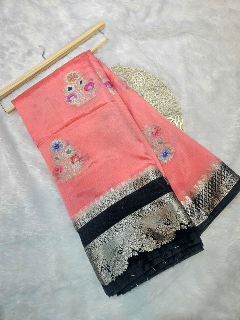 Mango Silk Saree with Stripe Texture Fabric