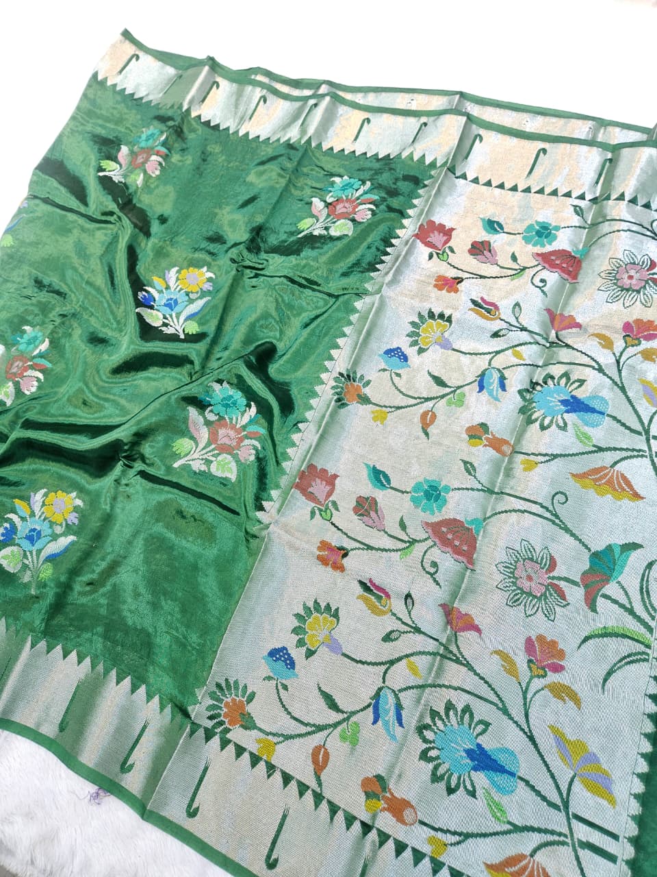 Mango Silk Saree in Paithani Weaving with Mina Buta and Aanchal Saree