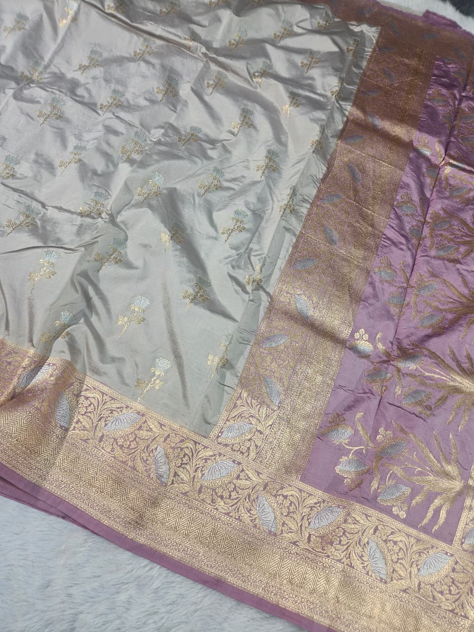 Banarasi  Mango silk saree beige and pink contrast
