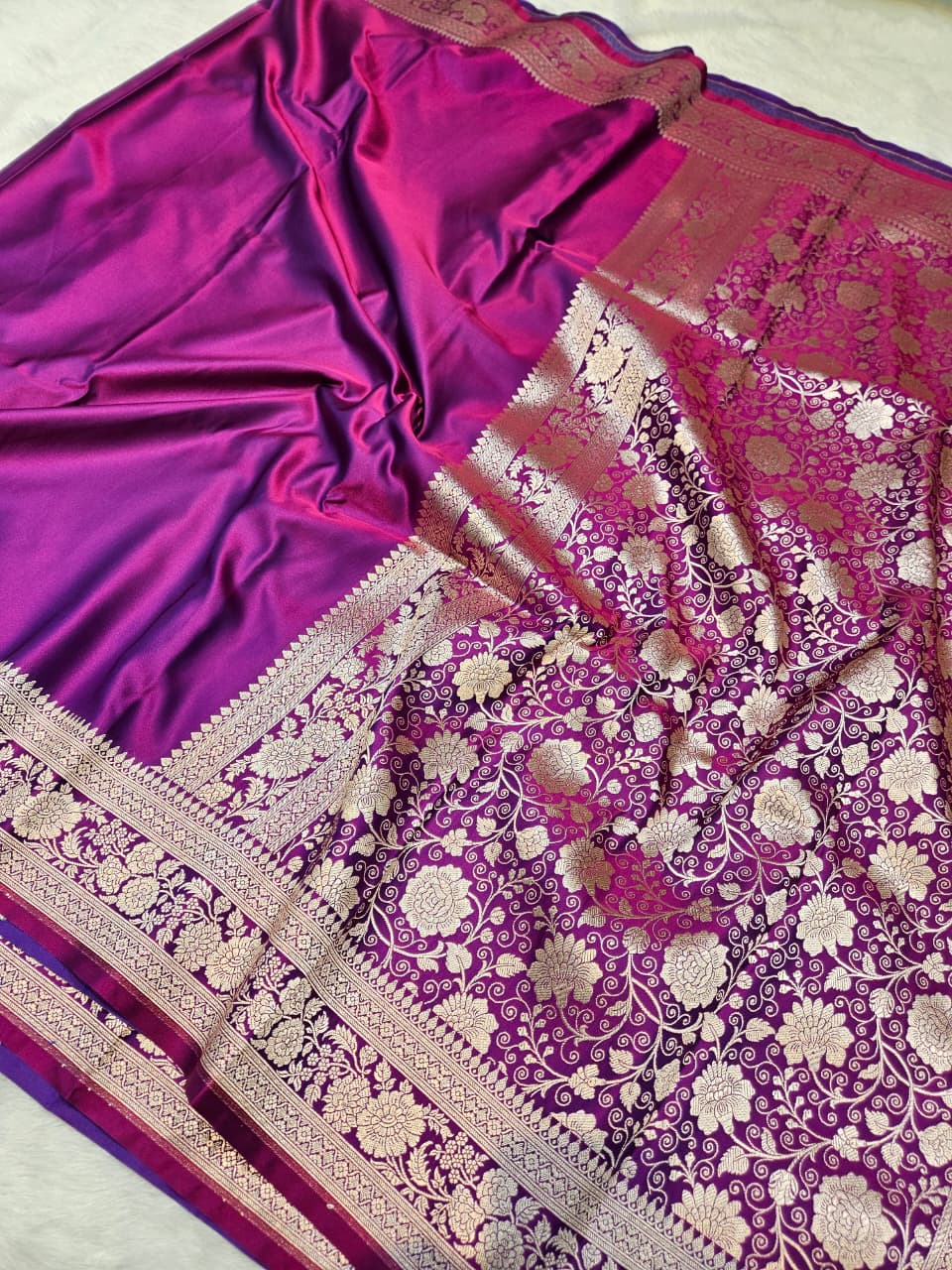 Purple Mashru Katan Satin Silk Saree with Plain Body