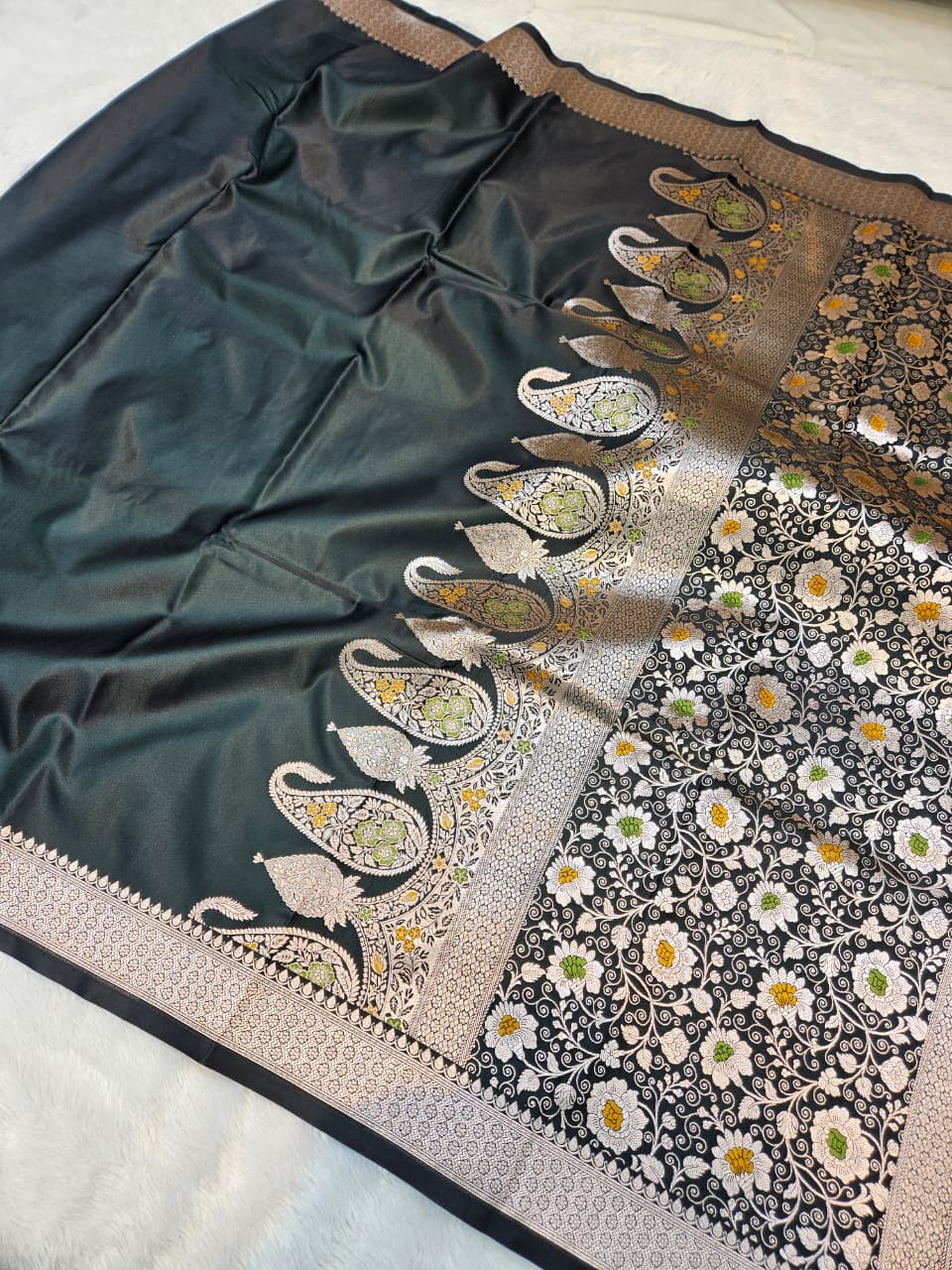Black Mashru Katan Satin Silk Saree with a Tilfi Minakari Aanchal and Plain Body.