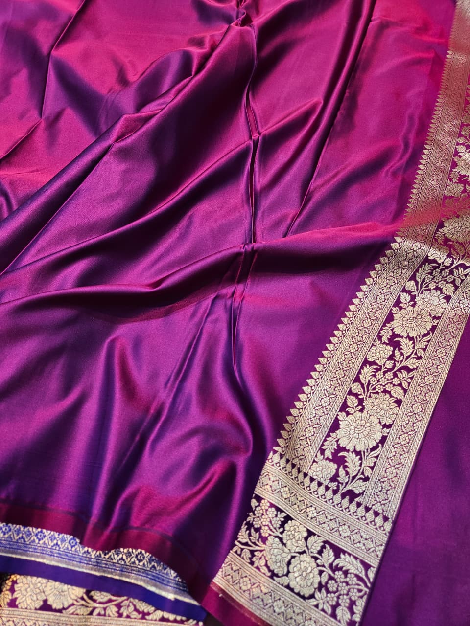 Purple Mashru Katan Satin Silk Saree with Plain Body