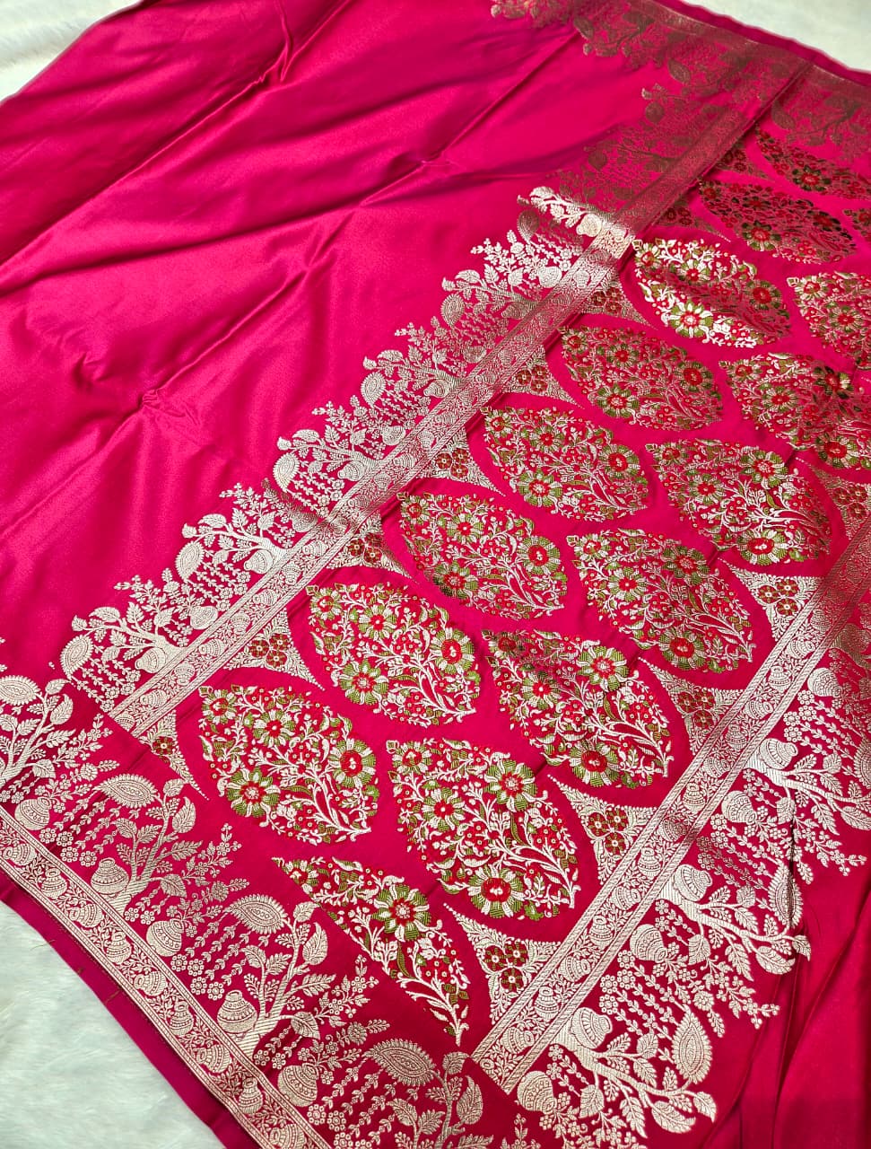Rani Mashru Katan Satin Silk Saree Tilfi Mina Aanchal and Plain Body