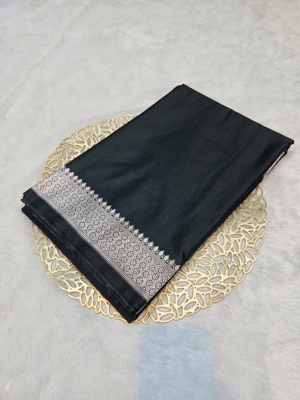 Black Mashru Katan Satin Silk Saree with a Tilfi Minakari Aanchal and Plain Body.