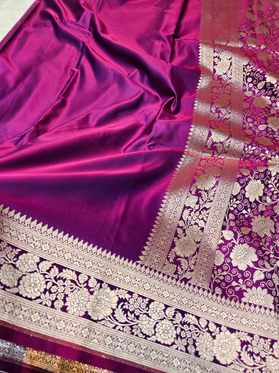 Purple Mashru Katan Satin Silk Saree with Plain Body