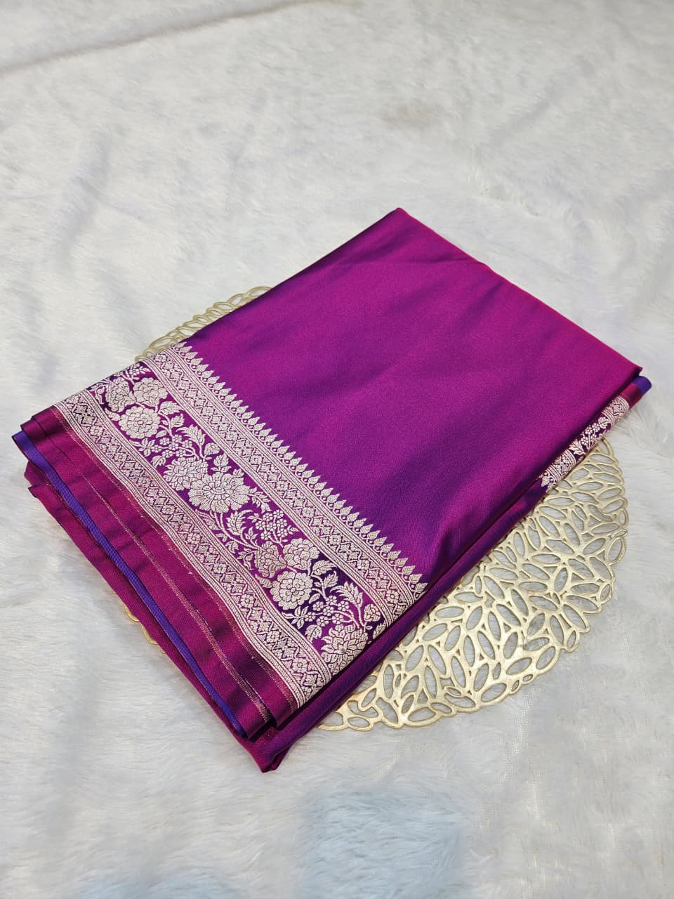Purple Mashru Katan Satin Silk Saree with Plain Body
