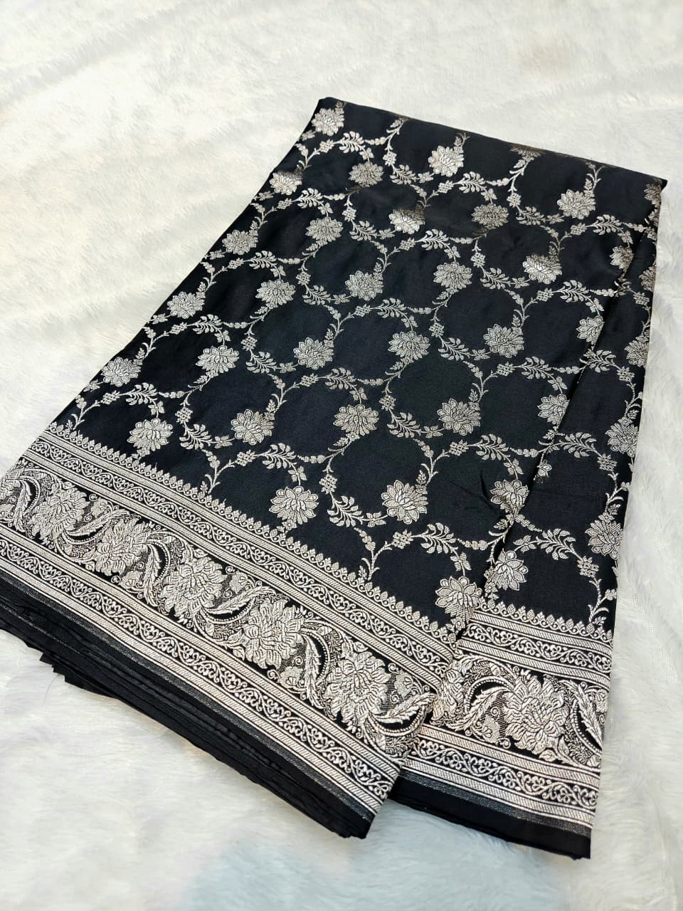 Black Mashru katan Satin Silk Saree Jaal Design.